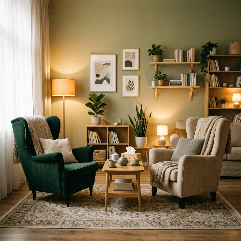 Two armchairs and a coffee table in a cozy living room with plants and warm lighting